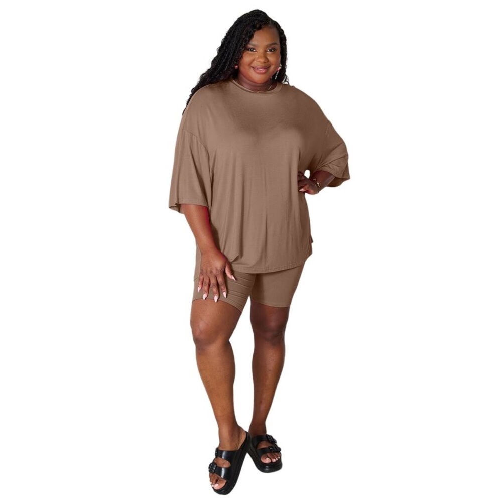 Basic Bae Taupe 3/4 Sleeve Top Shorts Casual Lounge 2 Piece Set NEW